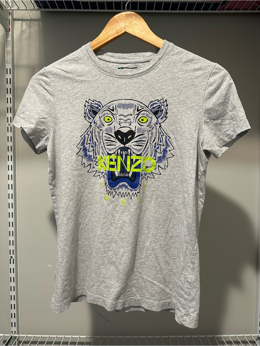 Kenzo Light Gray Tee with Neon Yellow & Blue Tiger Motif